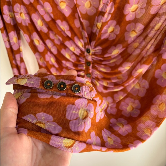 Free People Floral Ruched Blouse in Pink and Orange - Picture 5 of 8